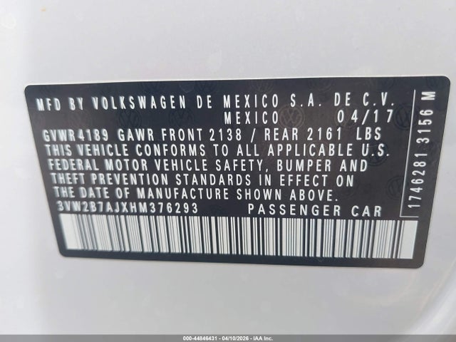 44846431 :رقم المزاد ، 3VW2B7AJXHM376293 vin ، 2017 Volkswagen Jetta 1.4t S مزاد بيع