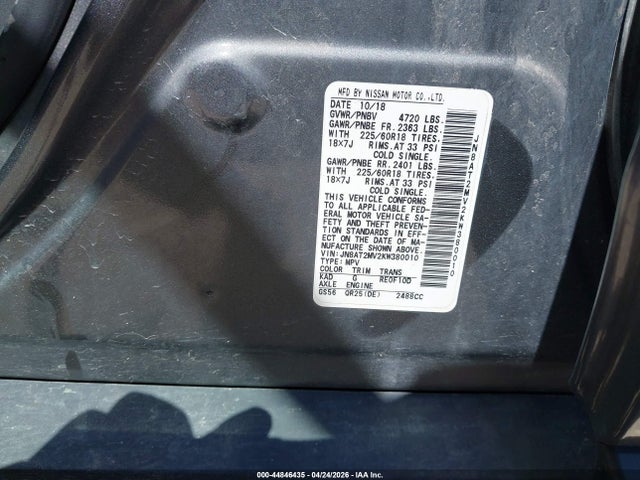 Aukcja sprzedaży 2019 Nissan Rogue Sv, vin: JN8AT2MV2KW380010, numer aukcji: 44846435