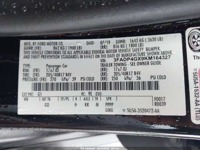 Aukcja sprzedaży 2019 Ford Fiesta St, vin: 3FADP4GX9KM164327, numer aukcji: 44846441