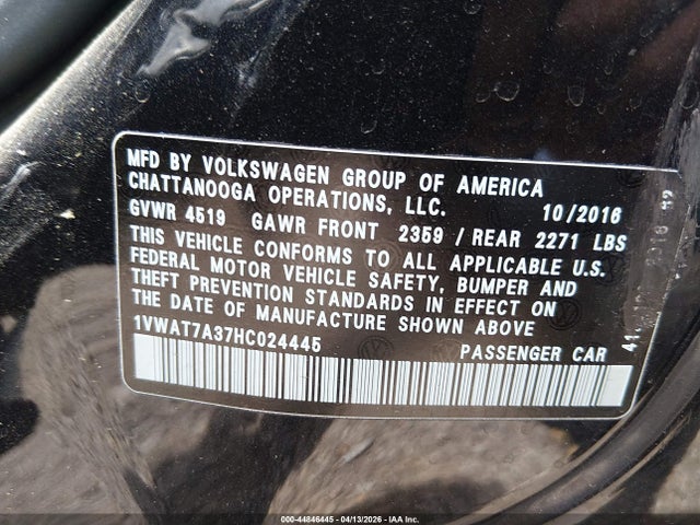 Продажа на аукционе авто 2017 Volkswagen Passat 1.8t S, vin: 1VWAT7A37HC024445, номер лота: 44846445