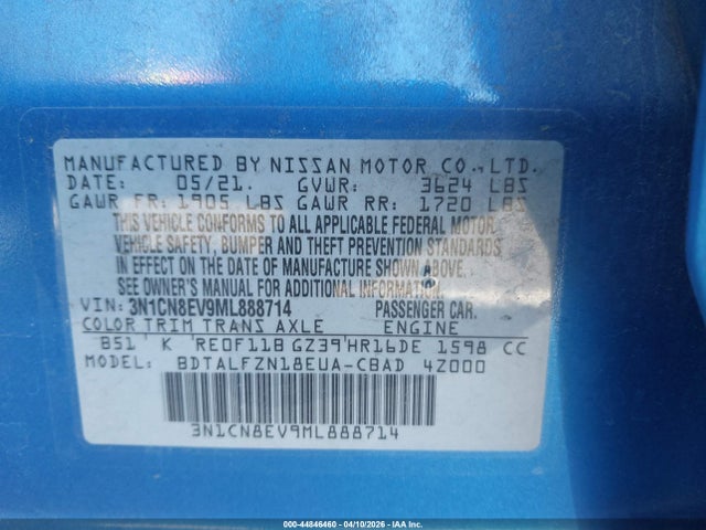 Aukcja sprzedaży 2021 Nissan Versa Sv Xtronic Cvt, vin: 3N1CN8EV9ML888714, numer aukcji: 44846460