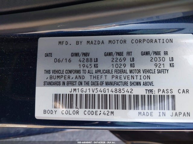 Aukcja sprzedaży 2016 Mazda Mazda6 I Touring, vin: JM1GJ1V54G1488542, numer aukcji: 44846467