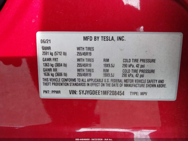 Aukcja sprzedaży 2021 Tesla Model Y Long Range Dual Motor All-wheel Drive, vin: 5YJYGDEE1MF208454, numer aukcji: 44846480