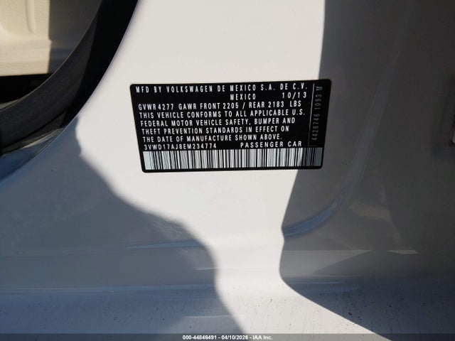 2014 Volkswagen Jetta 1.8t Se მანქანა იყიდება აუქციონზე, vin: 3VWD17AJ8EM234774, აუქციონის ნომერი: 44846491