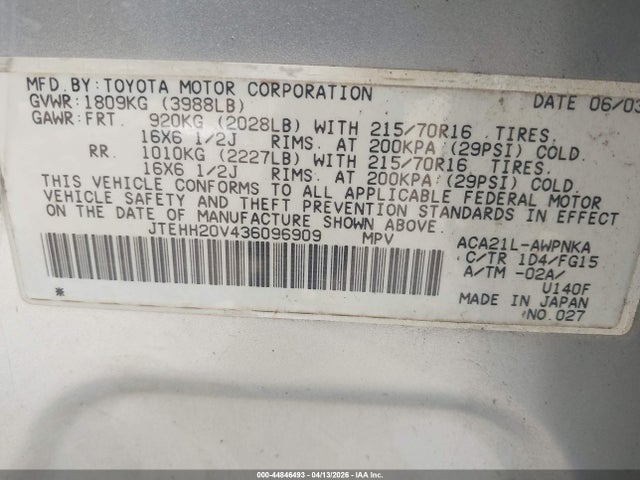 44846493 :رقم المزاد ، JTEHH20V436096909 vin ، 2003 Toyota Rav4 مزاد بيع