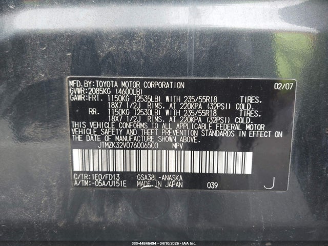 44846494 :رقم المزاد ، JTMZK32V076006500 vin ، 2007 Toyota Rav4 Sport V6 مزاد بيع