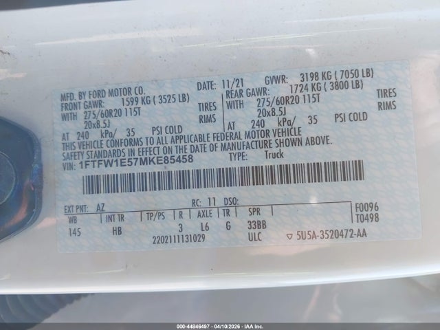 Aukcja sprzedaży 2021 Ford F-150 Lariat, vin: 1FTFW1E57MKE85458, numer aukcji: 44846497
