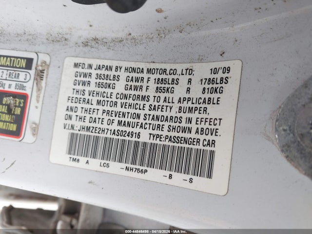 2010 HONDA INSIGHT JHMZE2H71AS024916 Photo 8