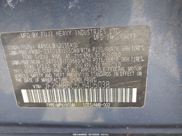 Продажа на аукционе авто 2012 Subaru Forester 2.5x, vin: JF2SHBBC5CH405038, номер лота: 44846506