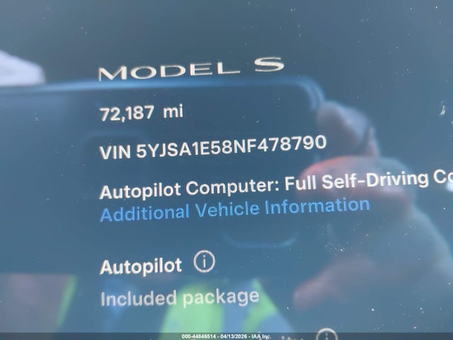 44846514 :رقم المزاد ، 5YJSA1E58NF478790 vin ، 2022 Tesla Model S Dual Motor All-wheel Drive مزاد بيع