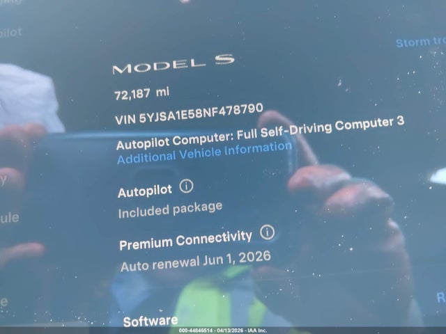 44846514 :رقم المزاد ، 5YJSA1E58NF478790 vin ، 2022 Tesla Model S Dual Motor All-wheel Drive مزاد بيع