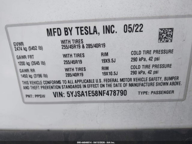 44846514 :رقم المزاد ، 5YJSA1E58NF478790 vin ، 2022 Tesla Model S Dual Motor All-wheel Drive مزاد بيع