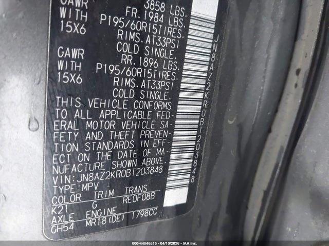 Aukcja sprzedaży 2011 Nissan Cube 1.8s, vin: JN8AZ2KR0BT203848, numer aukcji: 44846515
