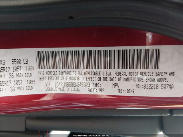 2016 Jeep Cherokee Trailhawk მანქანა იყიდება აუქციონზე, vin: 1C4PJMBS9GW245923, აუქციონის ნომერი: 44846519