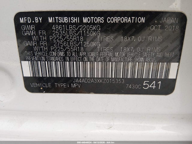 Aukcja sprzedaży 2019 Mitsubishi Outlander Es, vin: JA4AD2A3XKZ015353, numer aukcji: 44846524