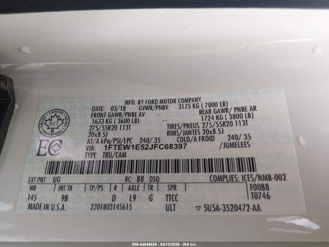 44846526 :رقم المزاد ، 1FTEW1E52JFC68397 vin ، 2018 Ford F-150 Platinum مزاد بيع