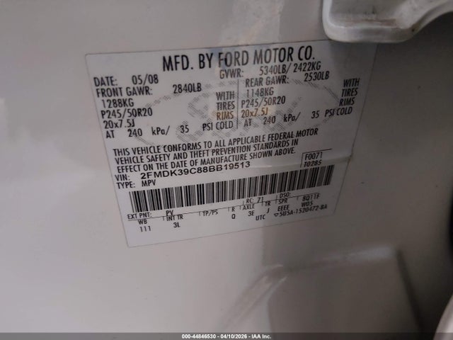 Продажа на аукционе авто 2008 Ford Edge Limited, vin: 2FMDK39C88BB19513, номер лота: 44846530