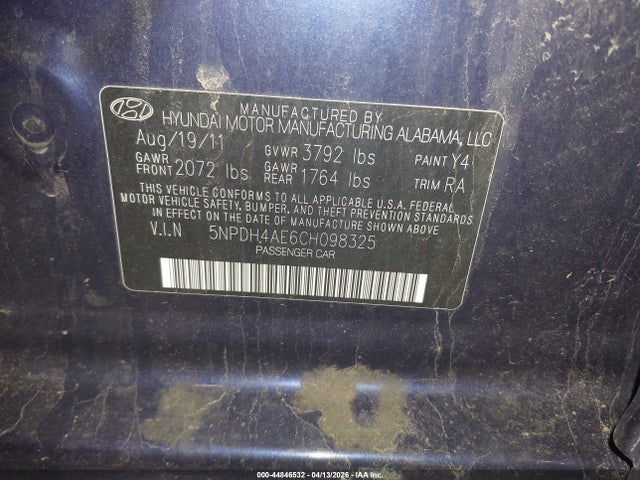 Aukcja sprzedaży 2012 Hyundai Elantra Gls, vin: 5NPDH4AE6CH098325, numer aukcji: 44846532