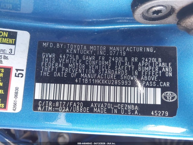 4T1B11HKXKU285993 Toyota CAMRY LE