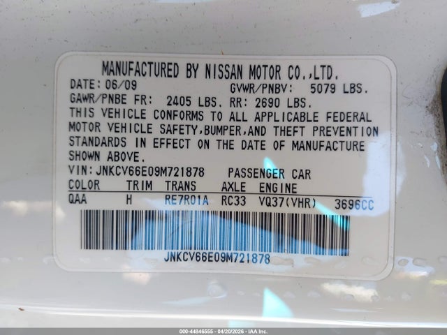 44846555 :رقم المزاد ، JNKCV66E09M721878 vin ، 2009 Infiniti G37 مزاد بيع