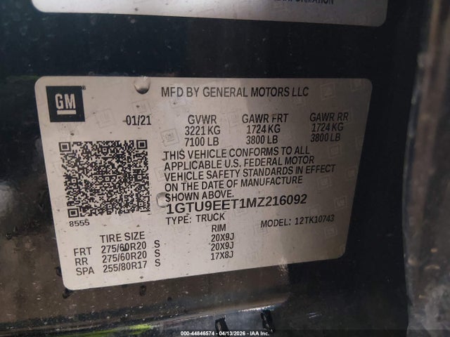 Auction sale of the 2021 Gmc Sierra 1500 4wd  Standard Box At4, vin: 1GTU9EET1MZ216092, lot number: 44846574