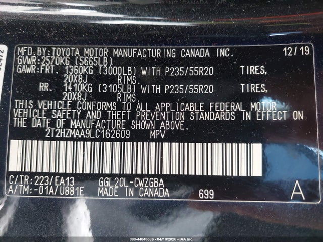 44846586 :رقم المزاد ، 2T2HZMAA9LC162609 vin ، 2020 Lexus Rx 350 مزاد بيع