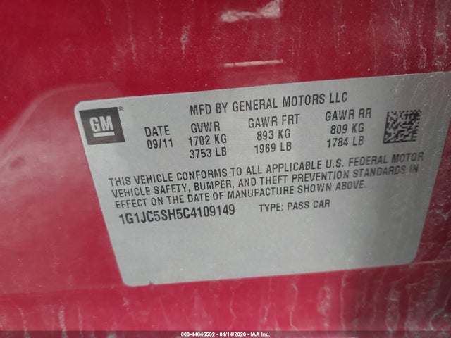 Продаж на аукціоні авто 2012 Chevrolet Sonic 2lt, vin: 1G1JC5SH5C4109149, номер лоту: 44846592