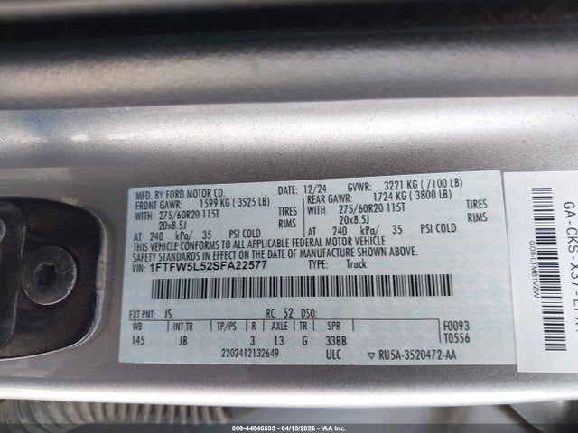 Aukcja sprzedaży 2025 Ford F-150 Lariat, vin: 1FTFW5L52SFA22577, numer aukcji: 44846593