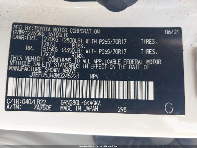 Aukcja sprzedaży 2021 Toyota 4runner Sr5 Premium, vin: JTEFU5JR8M5245223, numer aukcji: 44846600