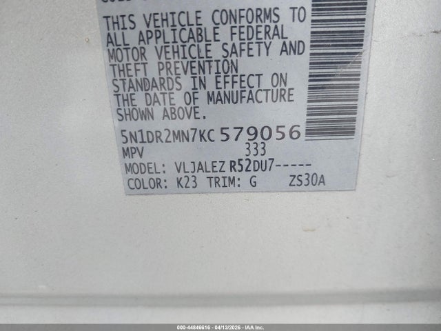 44846616 :رقم المزاد ، 5N1DR2MN7KC579056 vin ، 2019 Nissan Pathfinder Sv مزاد بيع