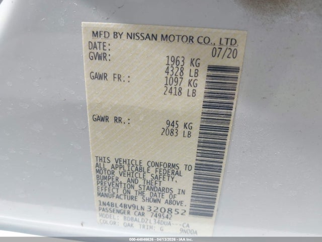 Aukcja sprzedaży 2020 Nissan Altima S Fwd, vin: 1N4BL4BV9LN320852, numer aukcji: 44846626