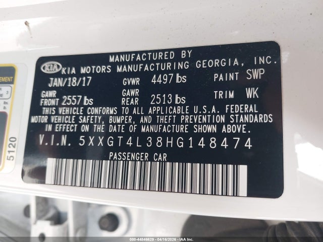 5XXGT4L38HG148474 KIA Optima Lx