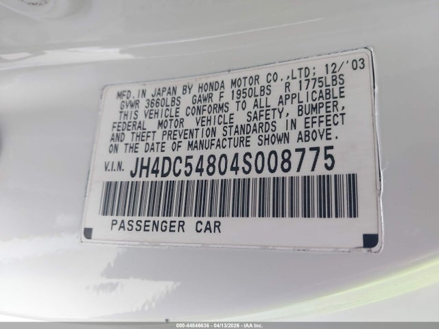 Aukcja sprzedaży 2004 Acura Rsx, vin: JH4DC54804S008775, numer aukcji: 44846636