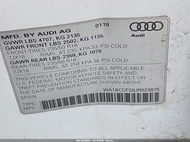 Aukcja sprzedaży 2018 Audi Q3 2.0t Premium/2.0t Sport Premium, vin: WA1BCCFS9JR023875, numer aukcji: 44846642