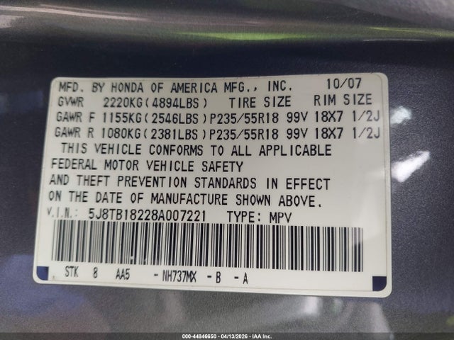 44846650 :رقم المزاد ، 5J8TB18228A007221 vin ، 2008 Acura Rdx مزاد بيع