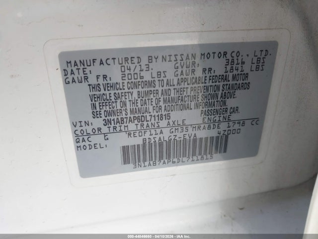Продажа на аукционе авто 2013 Nissan Sentra Sl, vin: 3N1AB7AP6DL711815, номер лота: 44846660