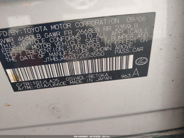 Aukcja sprzedaży 2007 Lexus Es 350, vin: JTHBJ46G372053550, numer aukcji: 44846680