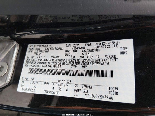 Ford ESCAPE SE 2015 1FMCU0G70FUB39451 Image 9