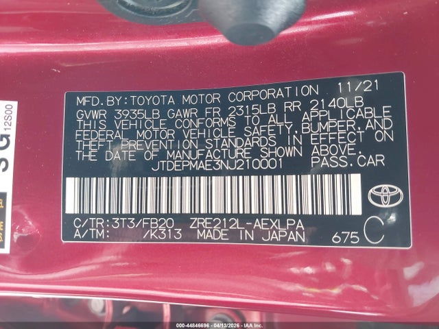 Toyota COROLLA LE 2022 JTDEPMAE3NJ210001 Image 9