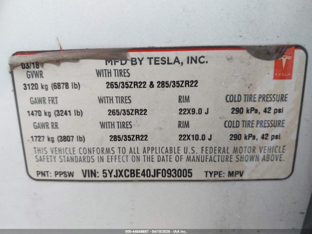 Aukcja sprzedaży 2018 Tesla Model X, vin: 5YJXCBE40JF093005, numer aukcji: 44846697