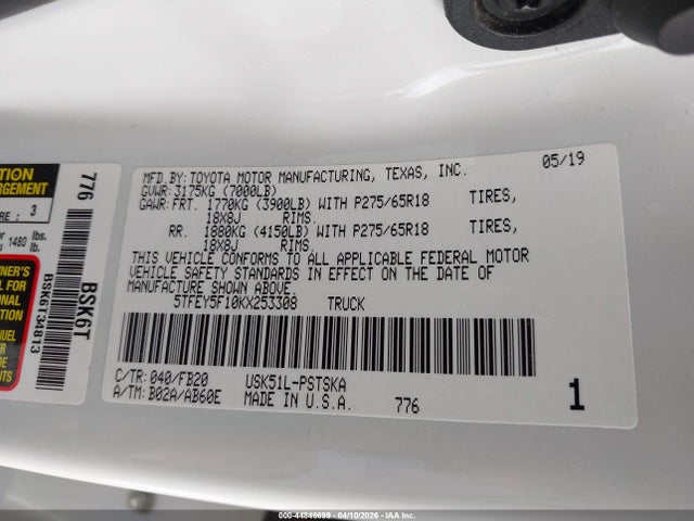 5TFEY5F10KX253308 Toyota Tundra Sr5 5.7l V8