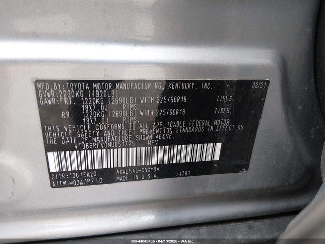 44846706 :رقم المزاد ، 4T3B6RFV0MU051725 vin ، 2021 Toyota Rav4 Hybrid Xle Premium مزاد بيع