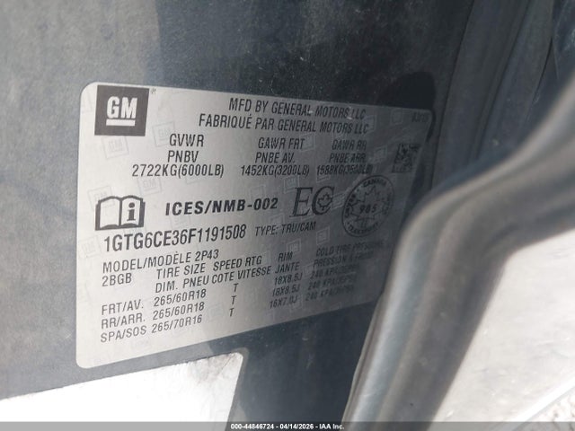 Продаж на аукціоні авто 2015 Gmc Canyon Slt, vin: 1GTG6CE36F1191508, номер лоту: 44846724
