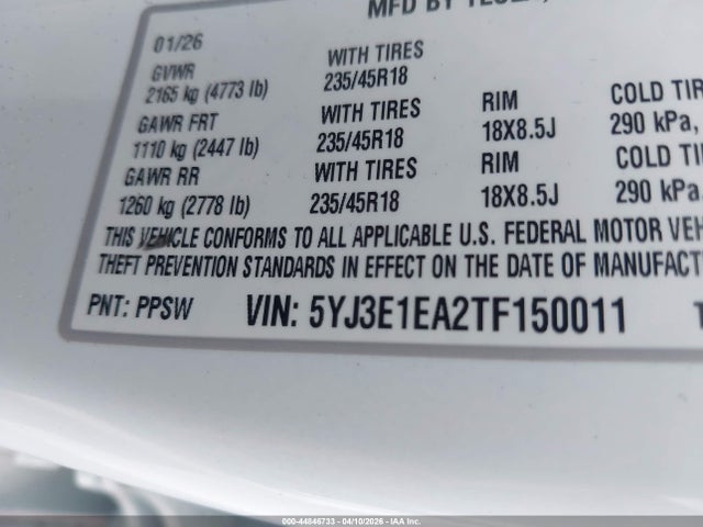 44846733 :رقم المزاد ، 5YJ3E1EA2TF150011 vin ، 2026 Tesla Model 3 Premium Rear-wheel Drive/standard Rear-wheel Drive مزاد بيع