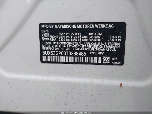 44846736 :رقم المزاد ، 5UX53GP00T9388485 vin ، 2026 Bmw X3 30 Xdrive مزاد بيع