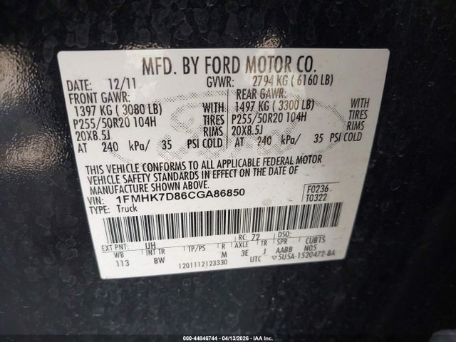 Продаж на аукціоні авто 2012 Ford Explorer Xlt, vin: 1FMHK7D86CGA86850, номер лоту: 44846744
