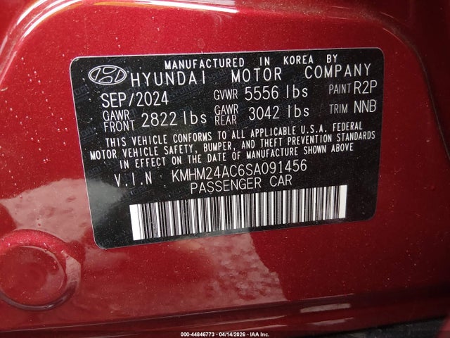 Aukcja sprzedaży 2025 Hyundai Ioniq 6 Se, vin: KMHM24AC6SA091456, numer aukcji: 44846773