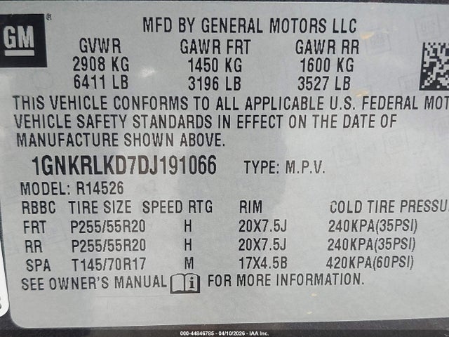 2013 Chevrolet Traverse Ltz მანქანა იყიდება აუქციონზე, vin: 1GNKRLKD7DJ191066, აუქციონის ნომერი: 44846785