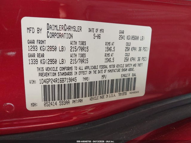 Aukcja sprzedaży 2006 Dodge Grand Caravan Se, vin: 1D4GP24R16B719045, numer aukcji: 44846788