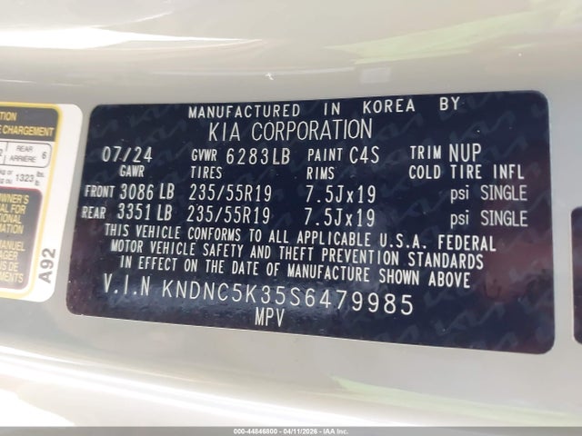 44846800 :رقم المزاد ، KNDNC5K35S6479985 vin ، 2025 Kia Carnival Mpv Ex مزاد بيع